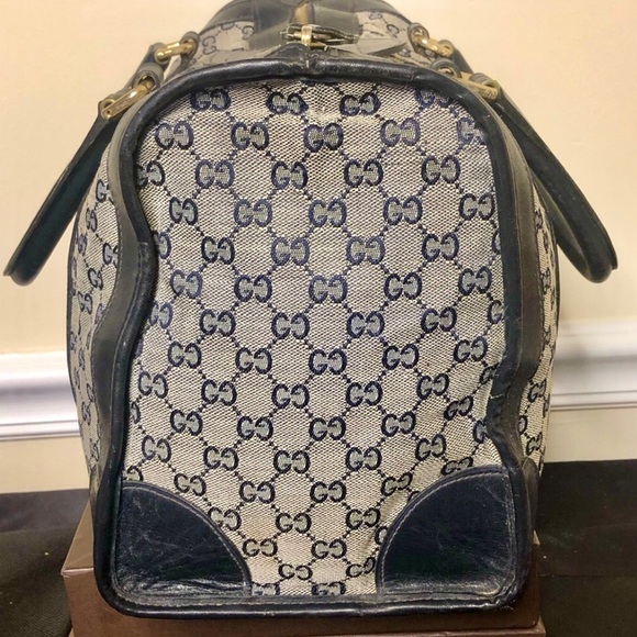 M GUCCI Navy GG Monogram Rolled Top Handle Coated Canvas Boston Travel Bag 30cm - Picture 17 of 17